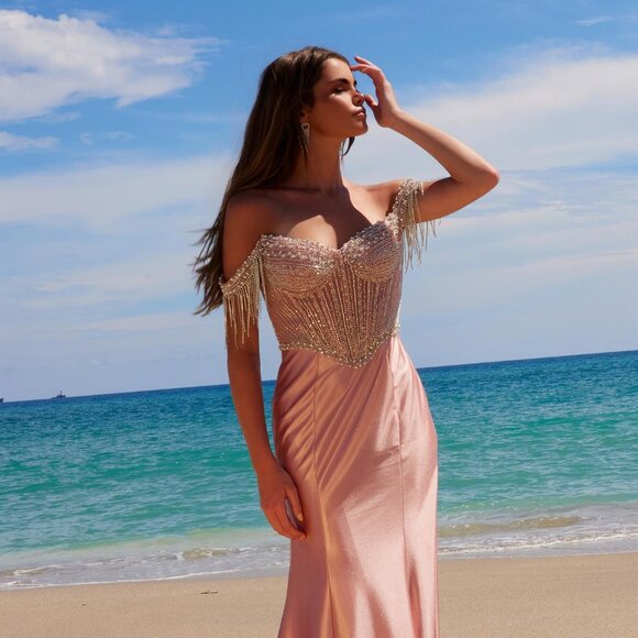 NX Dresses & Skirts - NEW FORMAL OFF SHOULDER LONG SHEATH SATIN DRESS W/ RHINESTONES FRINGE NX F1568